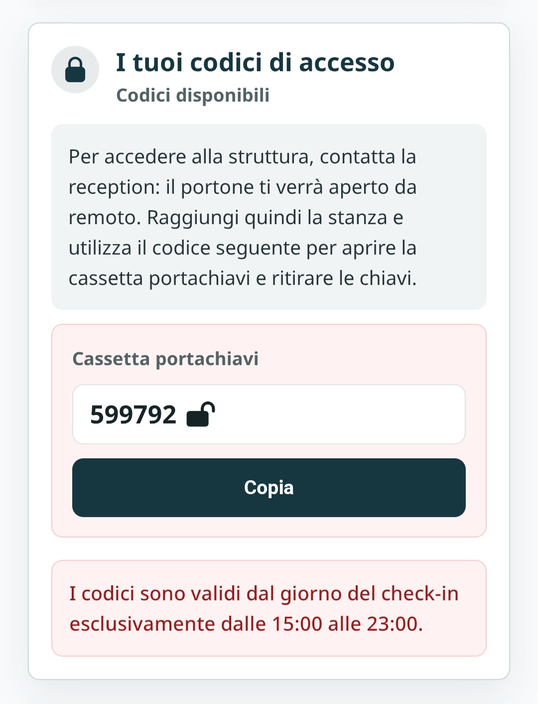 Modulo accesso Klefs con codice e istruzioni